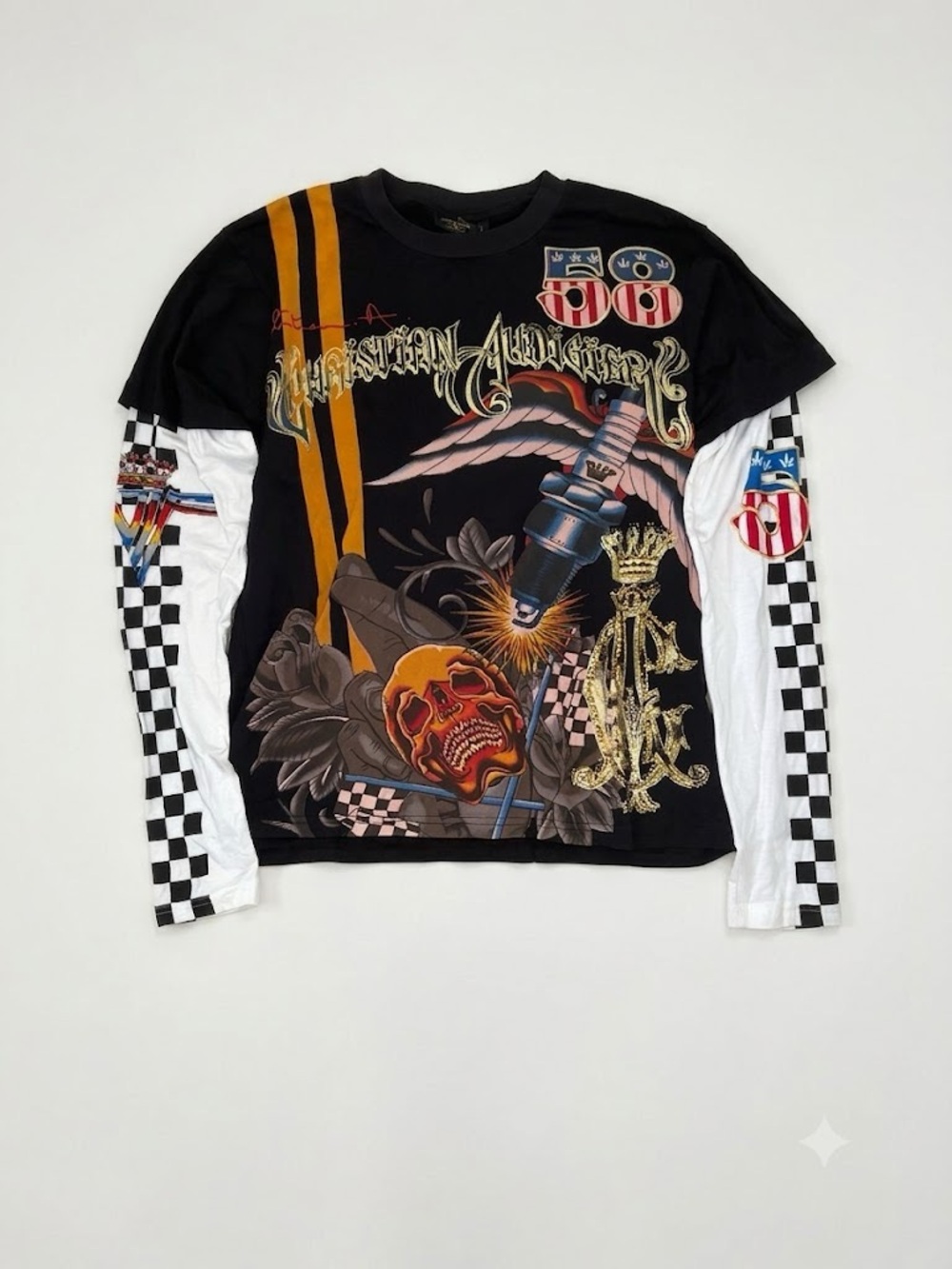 Vintage Chritian Audigier Mock Layered Long Sleeve Black Shirt Mens L Y2k